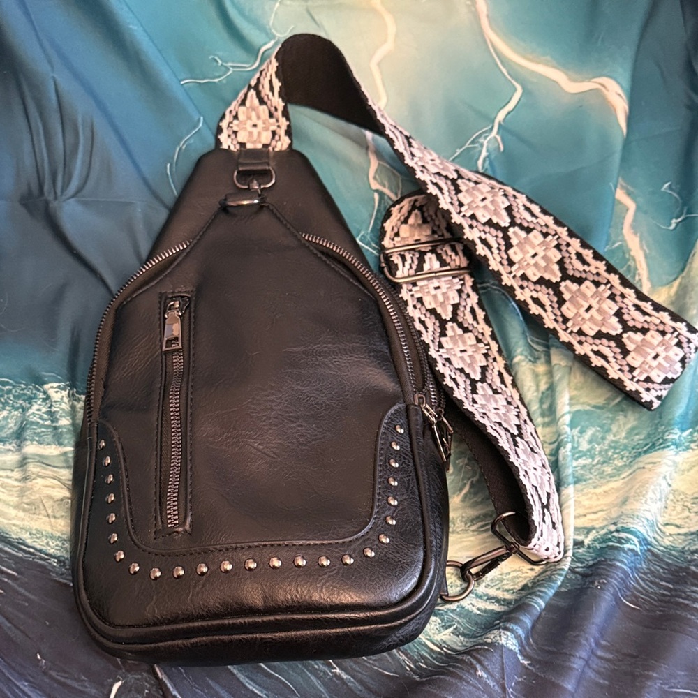 Black Studded Crossbody Sling Bag with Woven Strap